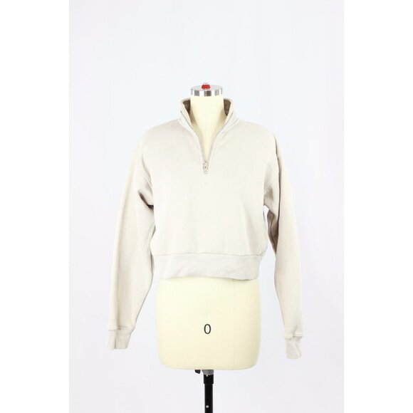 Aritzia Tops - Aritzia TNA Cozy Fleece Beige Cotton 1/4 Zip Perfect Cropped Sweatshirt, Size S
